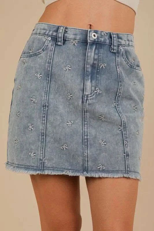 VERY J Bow Printed Casual Denim Mini Skirt - SwagglyLife Home & Fashion