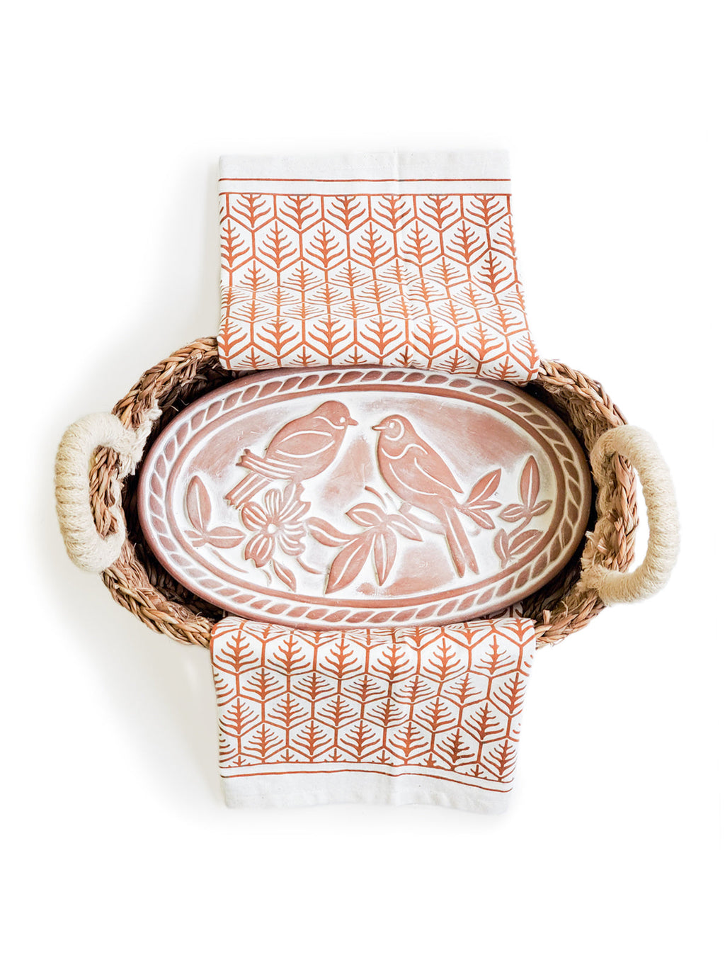 Bread Warmer & Basket Gift Set with Tea Towel - Lovebird Oval in Light Brown - KITCHEN photo