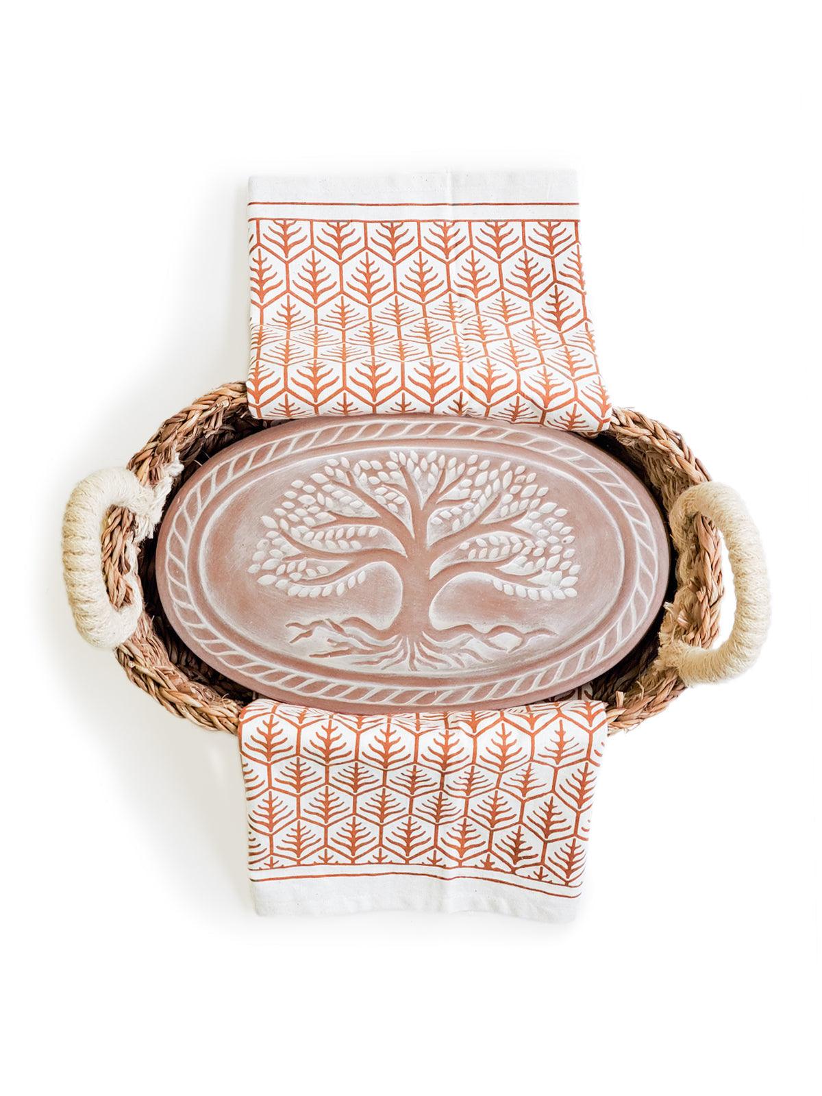 KORISSA Bread Warmer & Basket Gift Set with Tea Towel - Tree of Life Oval