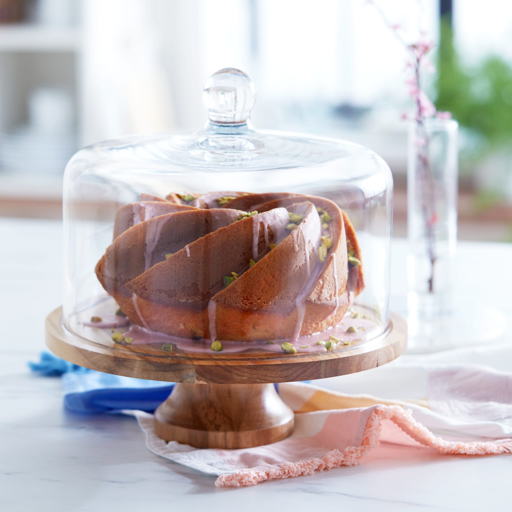 Libbey Acaciawood Footed Round Wood Server Cake Stand with Glass Dome in - Serveware photo
