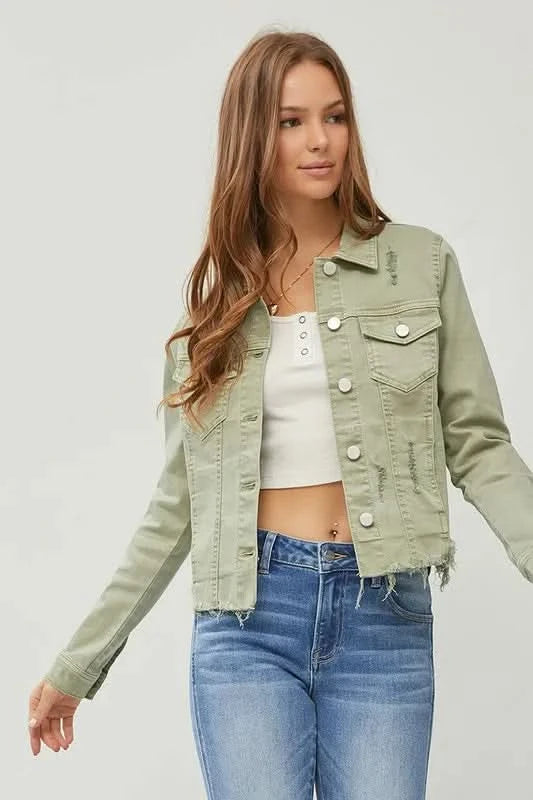 RISEN Full Size Raw Hem Button Up Cropped Denim Jacket Plus Size in Sage - photo