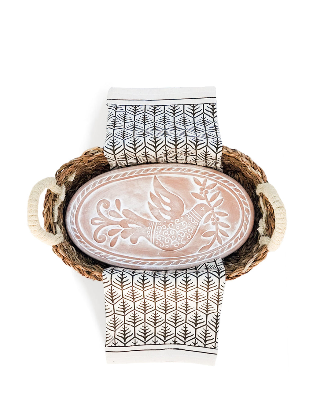 Bread Warmer & Basket Gift Set with Tea Towel - Bird Oval in Dark Brown - KITCHEN photo