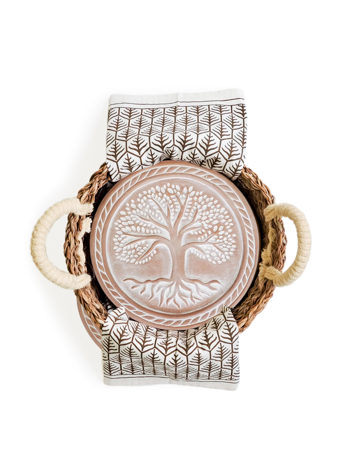 Bread Warmer & Basket Gift Set with Tea Towel - Tree of Life Round in Dark Brown - KITCHEN photo
