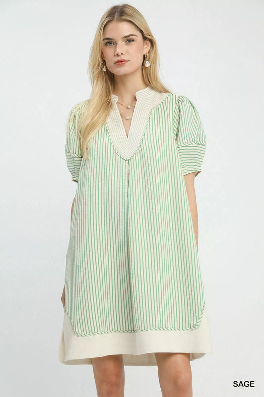 Umgee Pinstripe Shift Dress with Contrast Trim in SAGE - photo