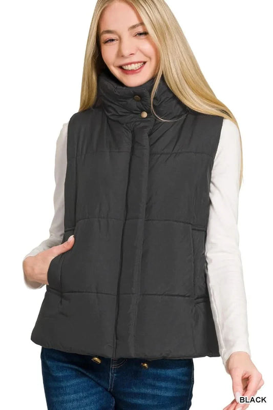 Zenana High Neck Zip-Up Vest Coat in BLACK - photo