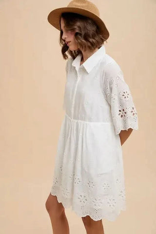 Annie Wear Embroidered Scallop Edge Detail Mini Shirt Dress - SwagglyLife Home & Fashion