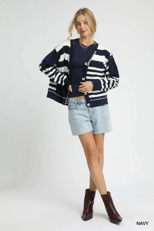 Umgee Cable-Knit Stripe Button-Up Cardigan in - photo