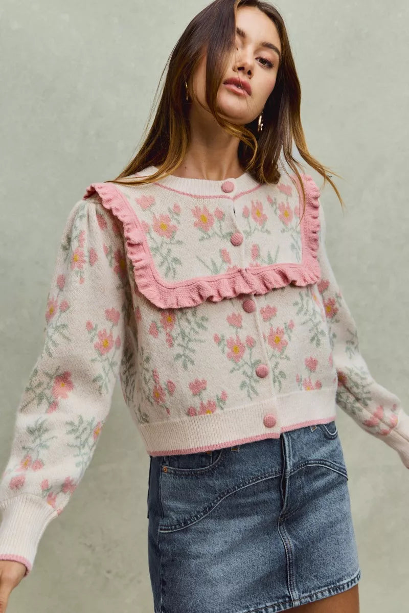 SO ME Flower With Ruffle Detailing Sweater Cardigan in - photo