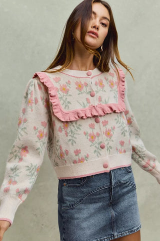 SO ME Flower With Ruffle Detailing Sweater Cardigan in - photo