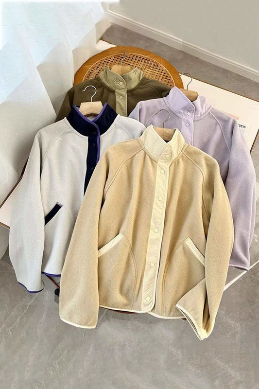Double Take Snap Down Contrast Fleece Jacket with Pockets in - photo