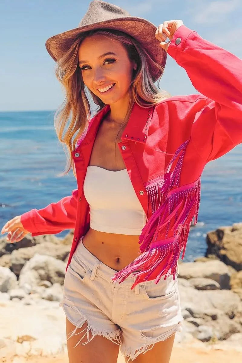 BiBi Rhinestone Fringe with Studed Collar Jacket in - photo