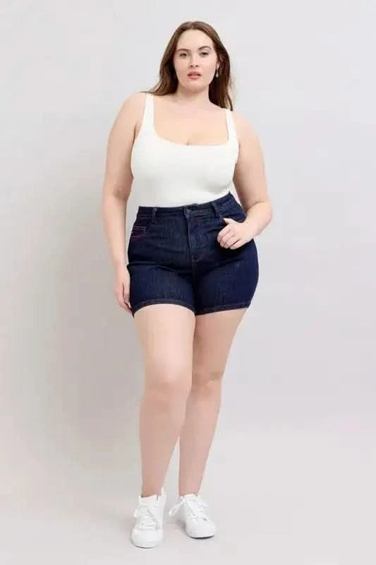 Judy Blue Plus Size HW Heart Shaped Pkts & Red Contrast Thread Denim Shorts in - photo
