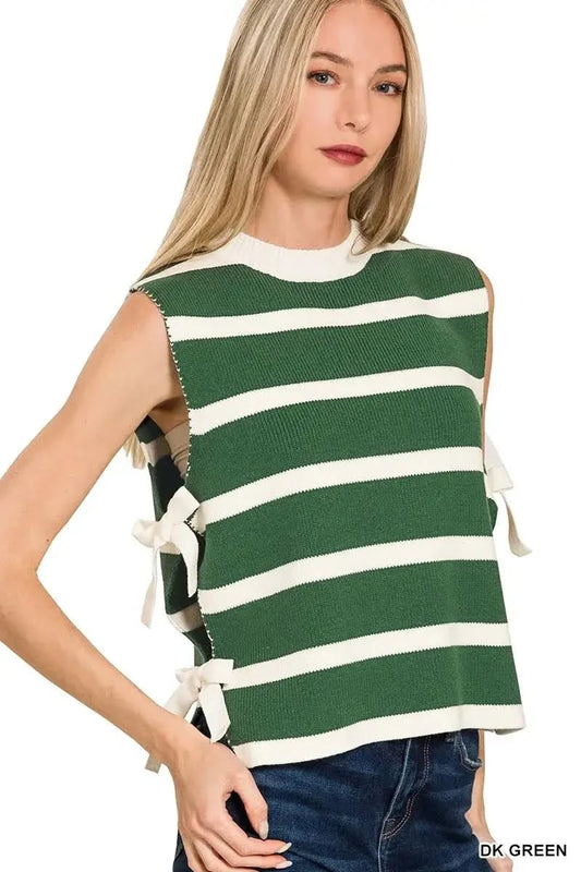 Zenana Side Tie Stripe Sweater Vest in DK GREEN - photo