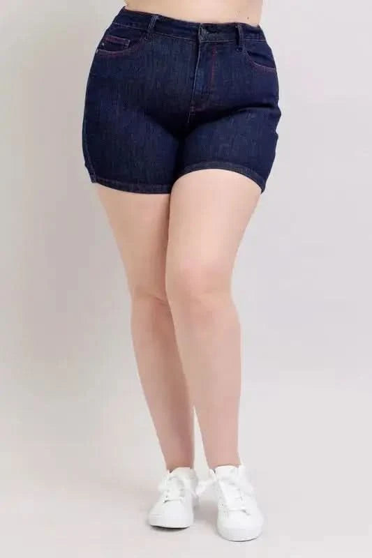 Judy Blue Plus Size HW Heart Shaped Pkts & Red Contrast Thread Denim Shorts in DK - photo