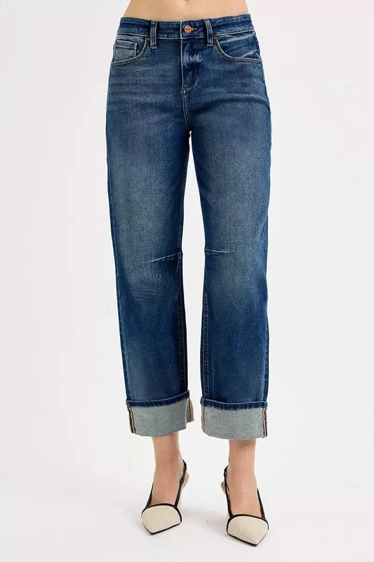 RISEN Slouchy Crop Barrel Cuffed Jeans in - photo