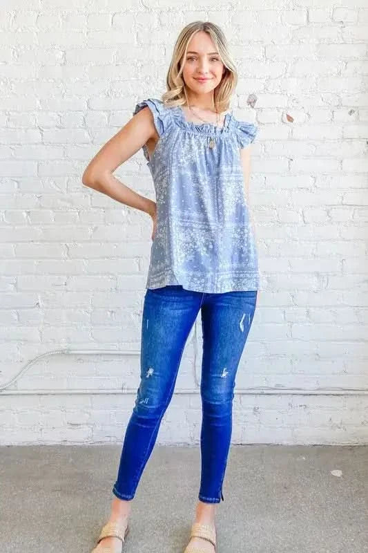 And The Why Boho Print Rayon Linen Ruffle Baby Doll Tank Top in BLUE - photo