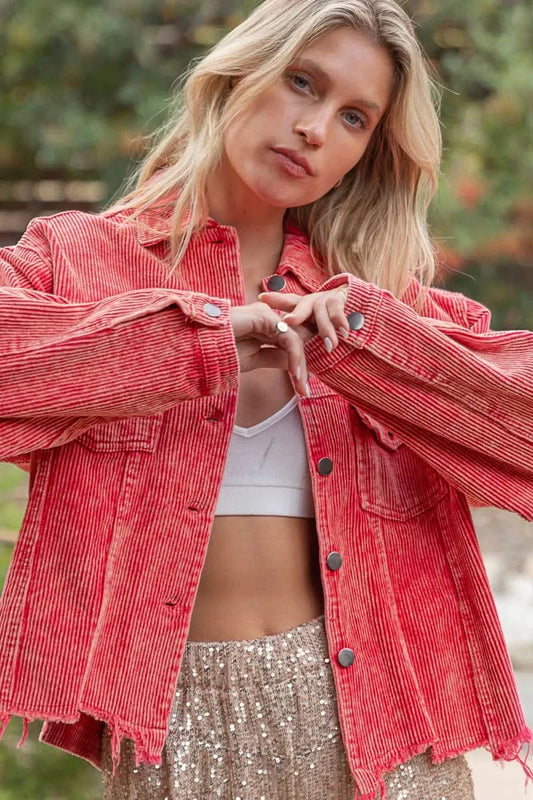 POL Button Down Corduroy Trucker Jacket in Red - photo