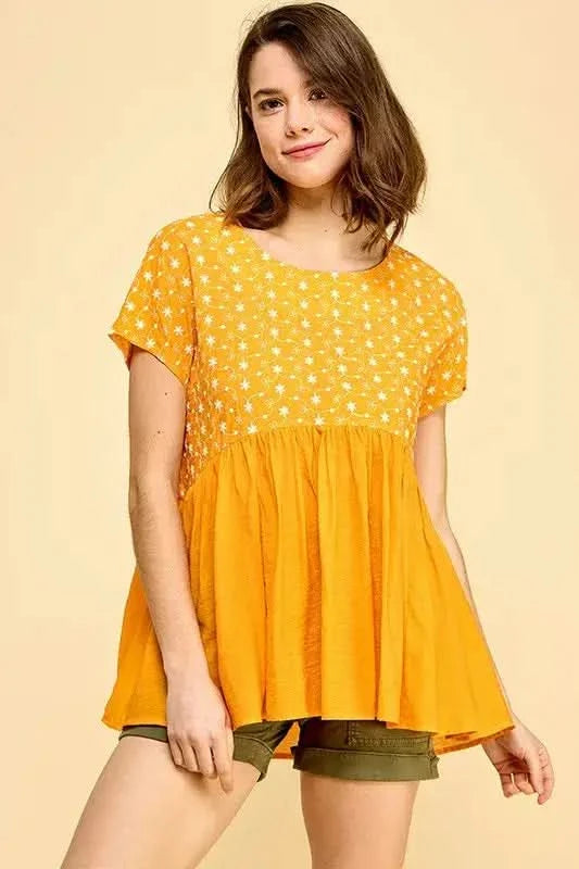 Lime 'N' Chili Embroidered Short Sleeve Pleated Babydoll Top - SwagglyLife Home & Fashion