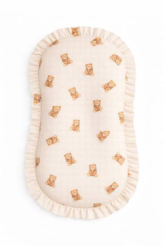 Beige Teddy Bear Gingham Ruffle Baby Lounger Cover in Ruffle - nest lounger photo