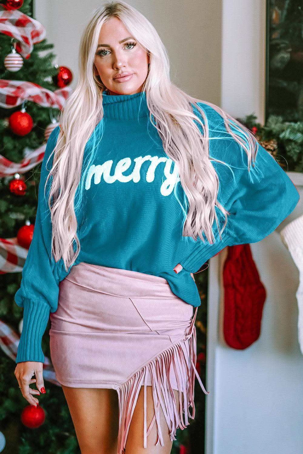 Double Take Full Size Merry Christmas Turtleneck Long Sleeve Sweater in Pastel Blue - photo