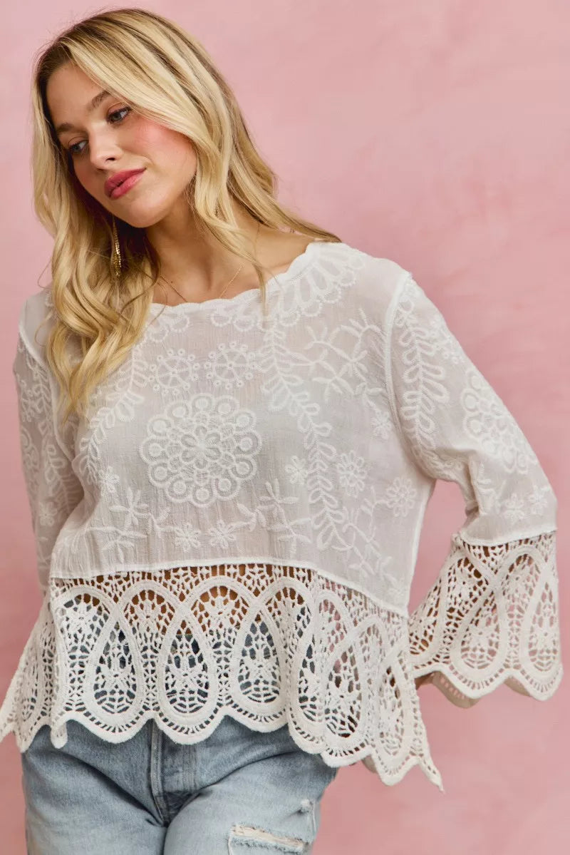 SO ME Floral Embroidered Crochet Lace Trimmed Top in - photo