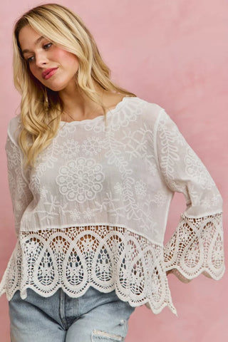 SO ME Floral Embroidered Crochet Lace Trimmed Top in - photo
