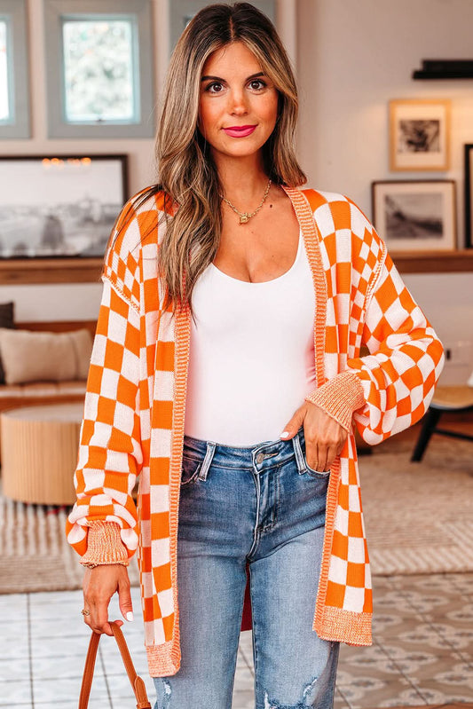 Wrenley Checkered Open Front Drop Shoulder Cardigan in Orange - Sweaters & Cardigans/Cardigans photo