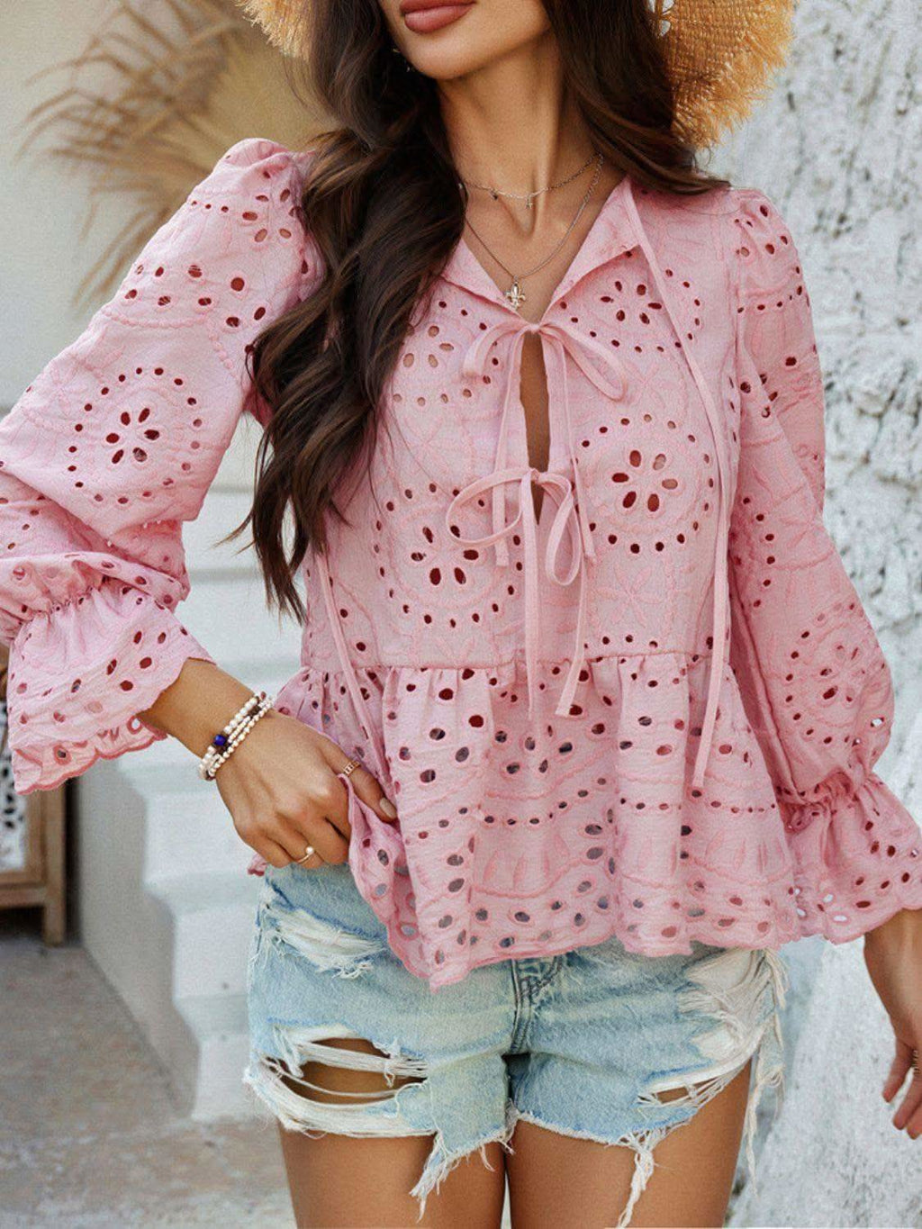Devine Tie Front Flounce Sleeve Peplum Blouse - SwagglyLife Home & Fashion