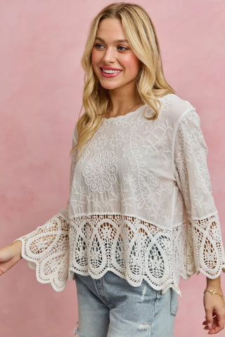 SO ME Floral Embroidered Crochet Lace Trimmed Top in - photo
