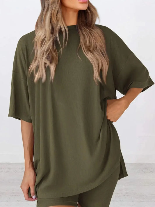Full Size Oversized Slit Round Neck Top and Shorts Lounge Set Plus Size in - photo