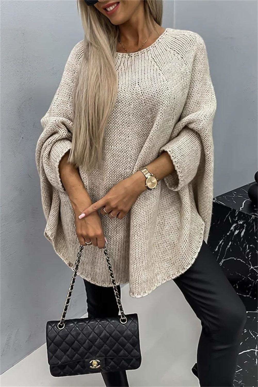 Round Neck Batwing Sleeve Sweater - SwagglyLife Home & Fashion