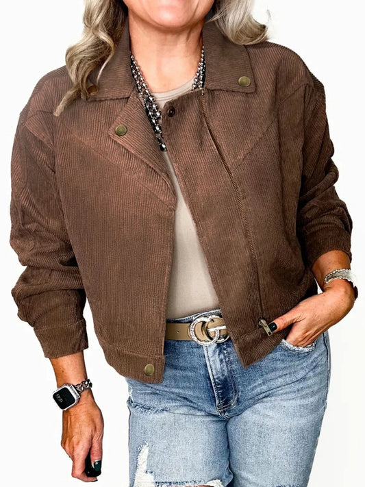 Corduroy Cropped Bomber Jacket in Brown - photo
