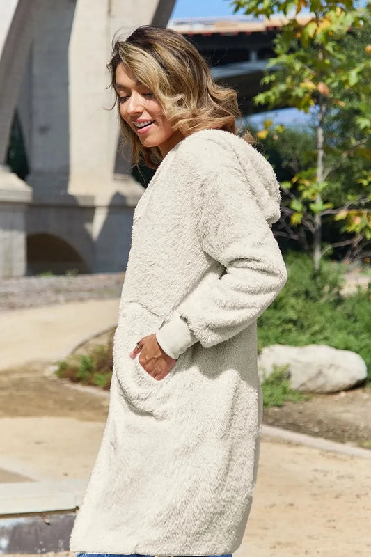 Double Take Full Size Hooded Teddy Bear Jacket with Thumbholes in - photo
