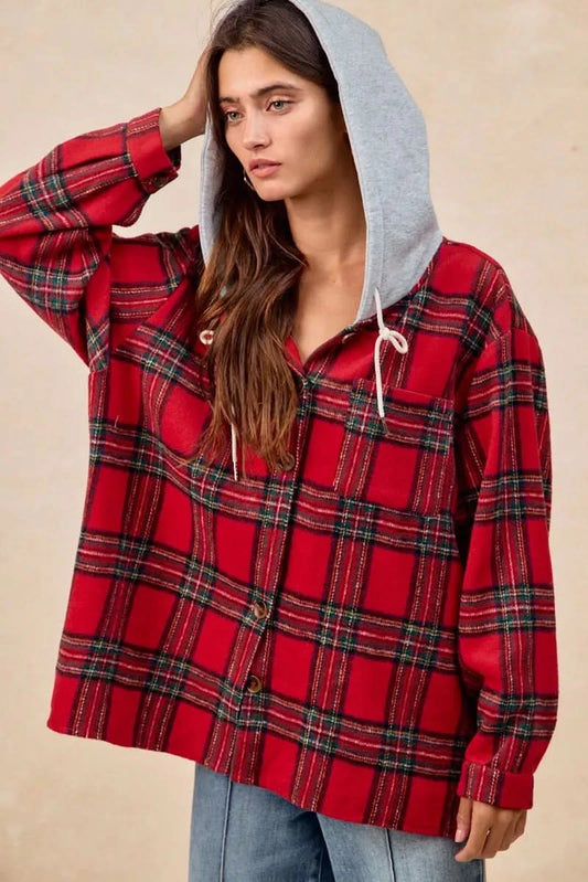 BiBi Brushed Plaid Hooded Jacket in - photo