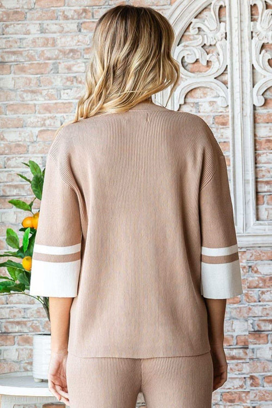 First Love Contrast V Neck Ribbed Knit Top in - Loungewear photo