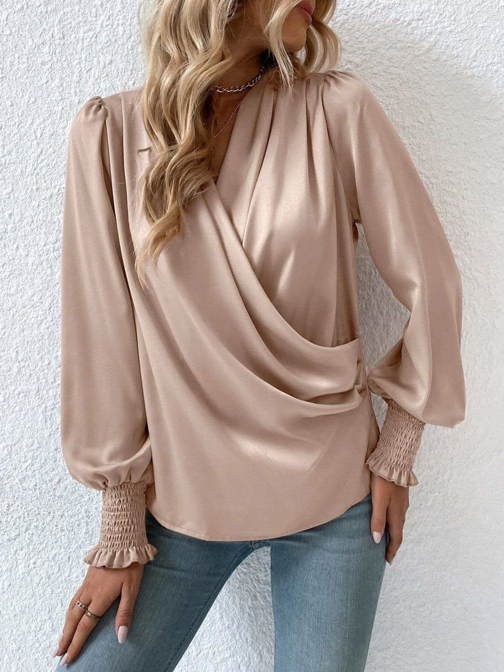 Surplice Smocked Lantern Sleeve Blouse - SwagglyLife Home & Fashion