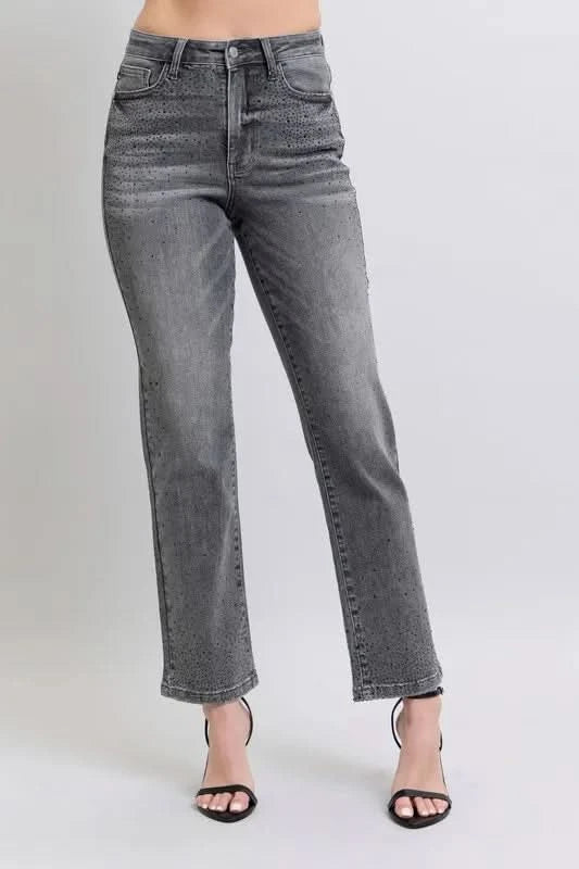Judy Blue Full Size High Waist Rhinestone Straight Jeans Plus Size in GRY - photo