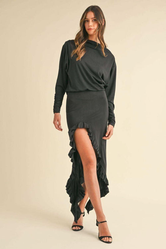 Mable Backless Asymmetric Ruffle Hem Dress in Black - photo