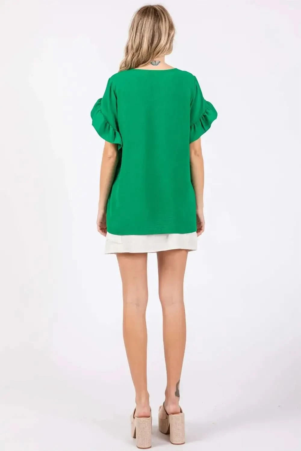 GeeGee Ruffled Short Sleeve V-Neck Blouse - SwagglyLife Home & Fashion