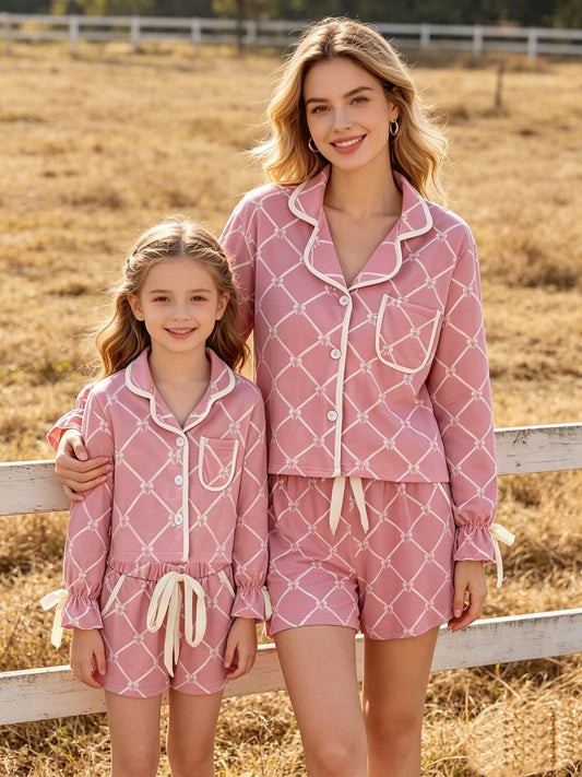 Mommy & me Autumn Check Bow Girls Lapel Pajamas -