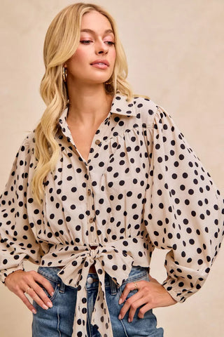 BiBi Polka Dot Print Tie Hem Detail Crop Shirt in - photo