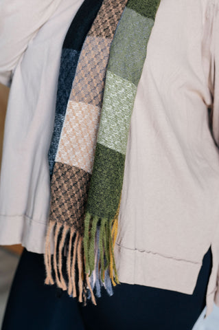 Keep Me Cozy Checkered Fringe Scarf in Woodland Shades in - Accessories photo