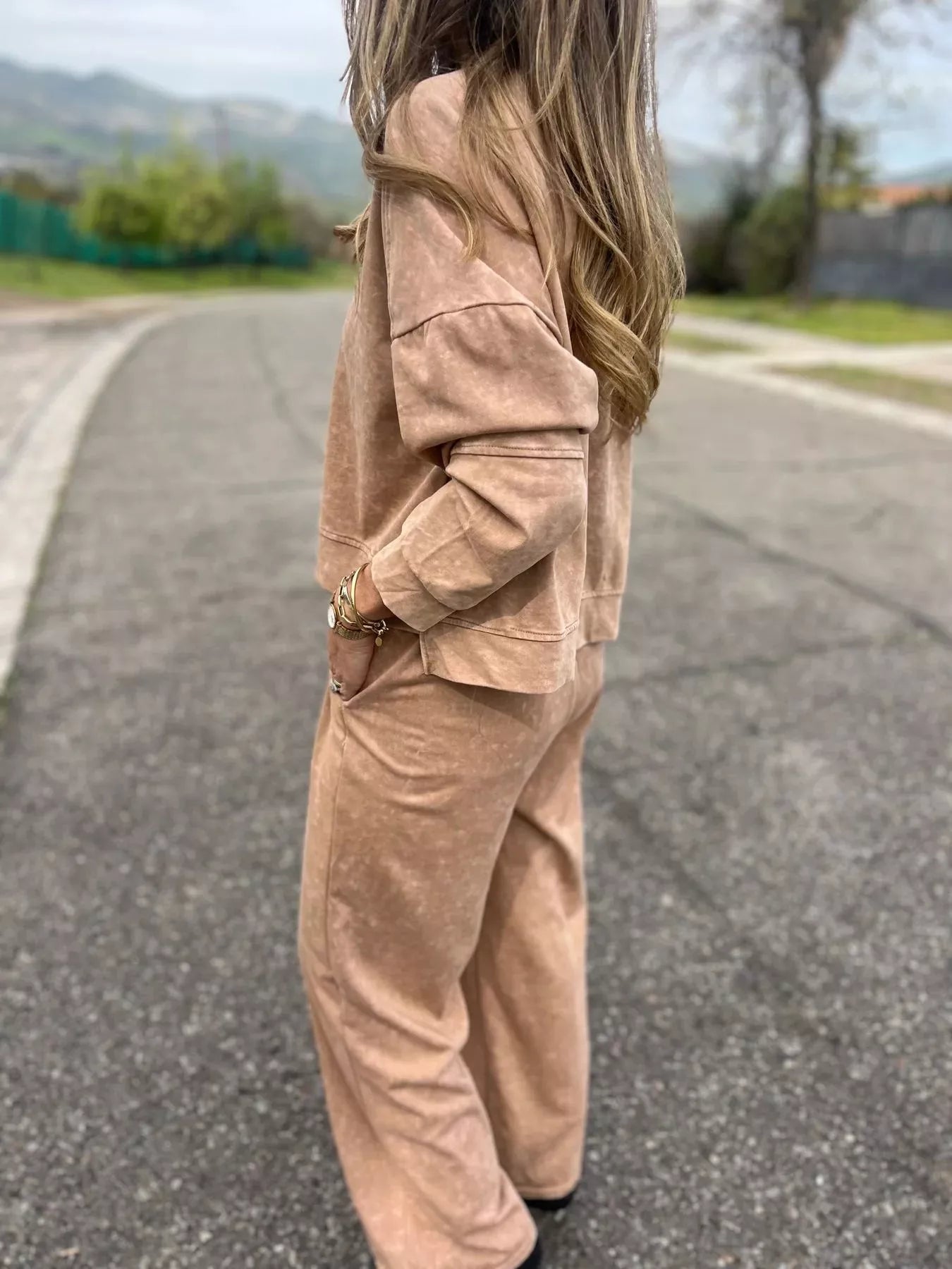 Full Size Washed Round Neck Top and Drawstring Pants Set Plus Size - SwagglyLife Home & Fashion