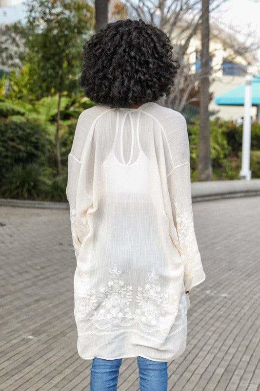 Embroidered Floral Vine Lightweight Kimono - SwagglyLife Home & Fashion