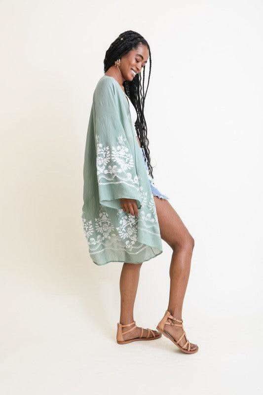 Embroidered Floral Vine Lightweight Kimono - SwagglyLife Home & Fashion