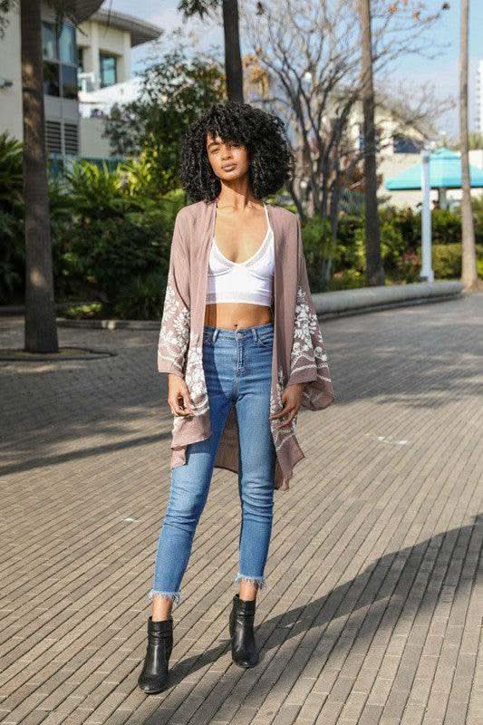 Embroidered Floral Vine Lightweight Kimono - SwagglyLife Home & Fashion