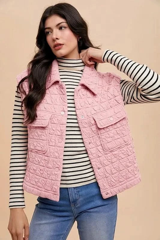 Annie Wear Texture Quilted Snap Down Vest Coat in Blush Pink - photo