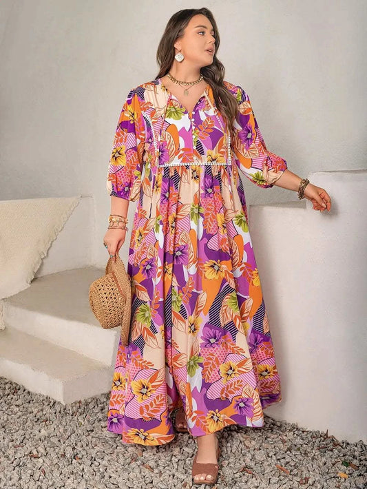 Plus Size Printed Tie Neck Maxi Dress in Multicolor - photo