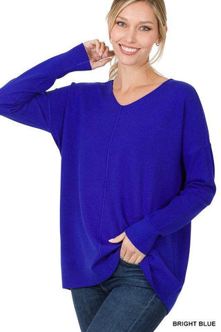 Zenana Hi-Low Garment Dyed V-Neck Front Seam Sweater