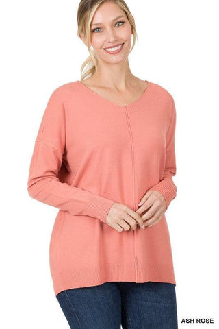 Zenana Hi-Low Garment Dyed V-Neck Front Seam Sweater